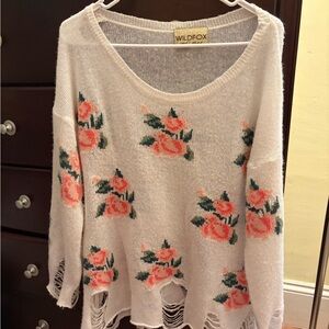 Wildfox Floral Knit Sweater - Cream and Pink
